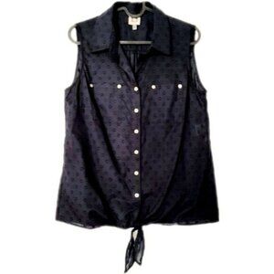 ANNE KLEIN Sleeveless Blouse Bottom Tie Semisheer Navy Blue Sz S